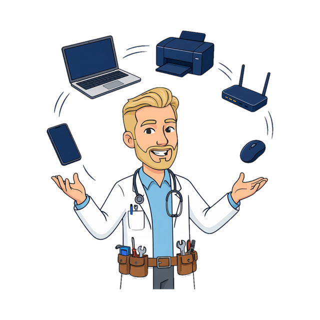 Tekening van Maarten die jongleert met een laptop, printer, router, muis en telefoon