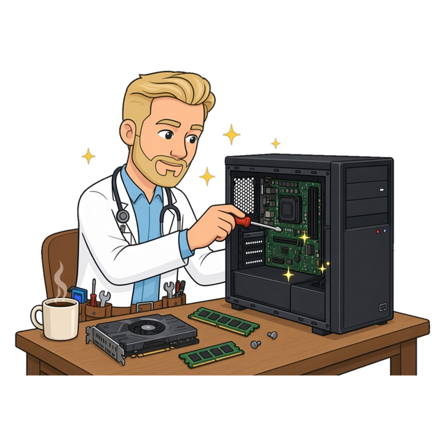Tekening van Maarten die een computer in elkaar zet