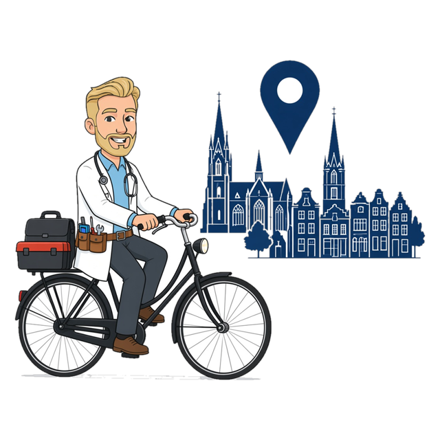 Tekening van Maarten op de fiets met zijn gereedschapskist, langs de Sint-Jan in 's-Hertogenbosch