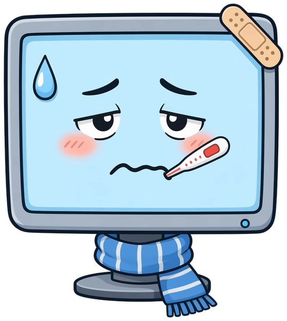 Een getekend computertje met een pleister en een thermometer